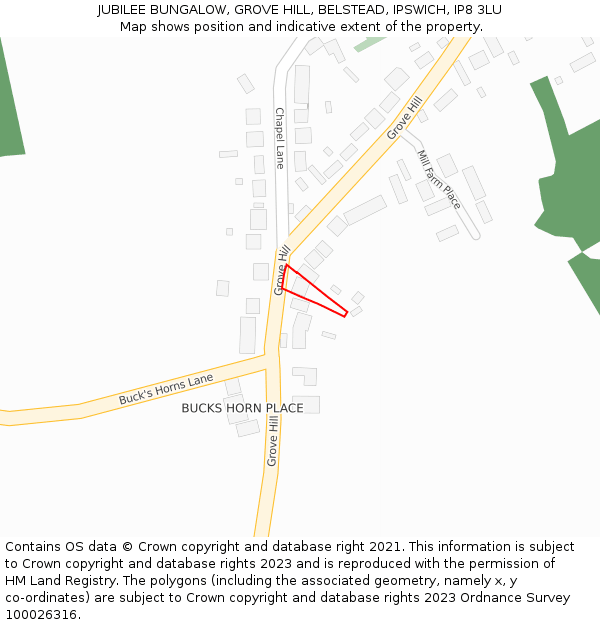 JUBILEE BUNGALOW, GROVE HILL, BELSTEAD, IPSWICH, IP8 3LU: Location map and indicative extent of plot