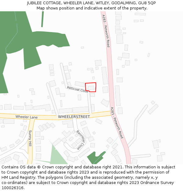 JUBILEE COTTAGE, WHEELER LANE, WITLEY, GODALMING, GU8 5QP: Location map and indicative extent of plot