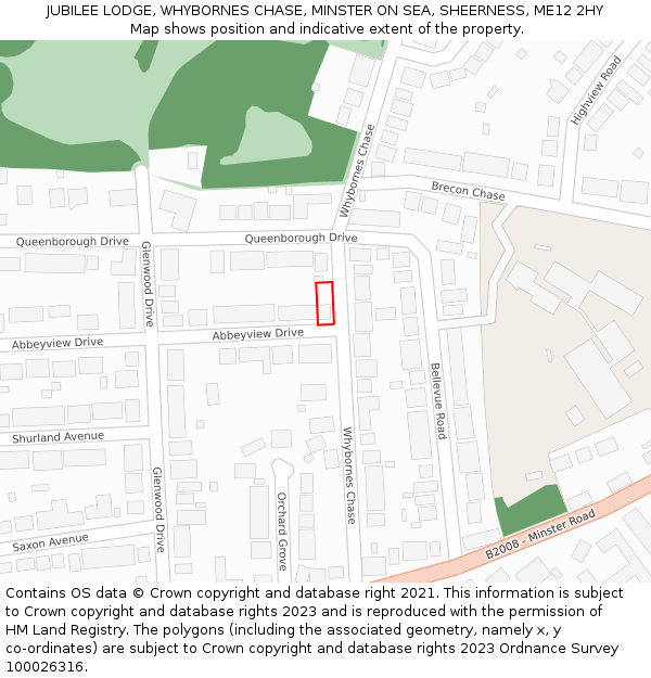 JUBILEE LODGE, WHYBORNES CHASE, MINSTER ON SEA, SHEERNESS, ME12 2HY: Location map and indicative extent of plot