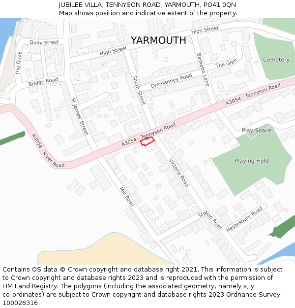 JUBILEE VILLA, TENNYSON ROAD, YARMOUTH, PO41 0QN: Location map and indicative extent of plot