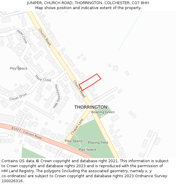 JUNIPER, CHURCH ROAD, THORRINGTON, COLCHESTER, CO7 8HH: Location map and indicative extent of plot