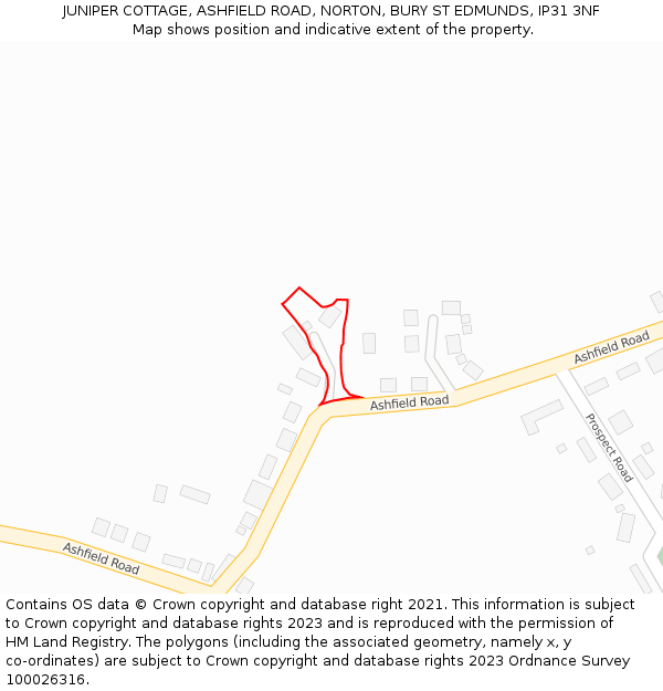 JUNIPER COTTAGE, ASHFIELD ROAD, NORTON, BURY ST EDMUNDS, IP31 3NF: Location map and indicative extent of plot