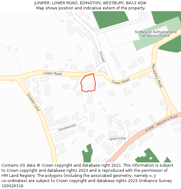 JUNIPER, LOWER ROAD, EDINGTON, WESTBURY, BA13 4QW: Location map and indicative extent of plot