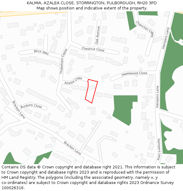 KALMIA, AZALEA CLOSE, STORRINGTON, PULBOROUGH, RH20 3PD: Location map and indicative extent of plot