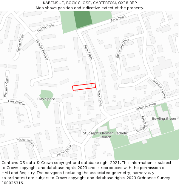 KARENSUE, ROCK CLOSE, CARTERTON, OX18 3BP: Location map and indicative extent of plot