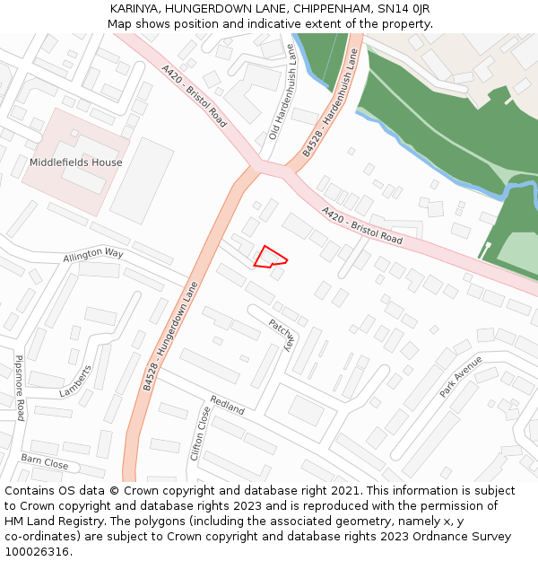 KARINYA, HUNGERDOWN LANE, CHIPPENHAM, SN14 0JR: Location map and indicative extent of plot