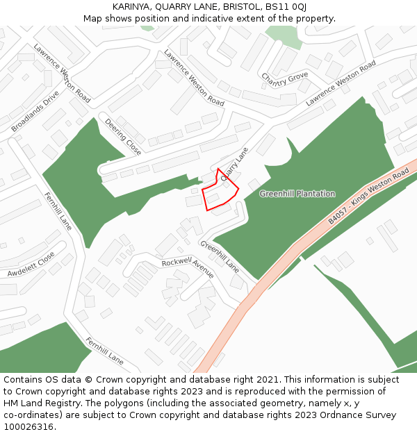 KARINYA, QUARRY LANE, BRISTOL, BS11 0QJ: Location map and indicative extent of plot