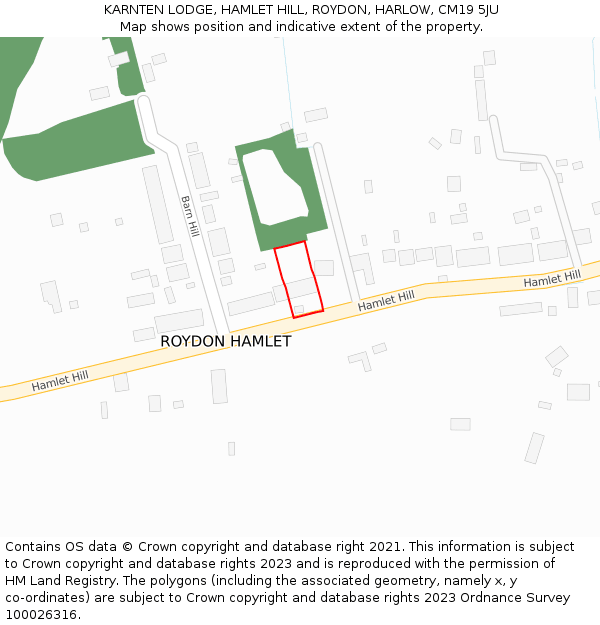 KARNTEN LODGE, HAMLET HILL, ROYDON, HARLOW, CM19 5JU: Location map and indicative extent of plot