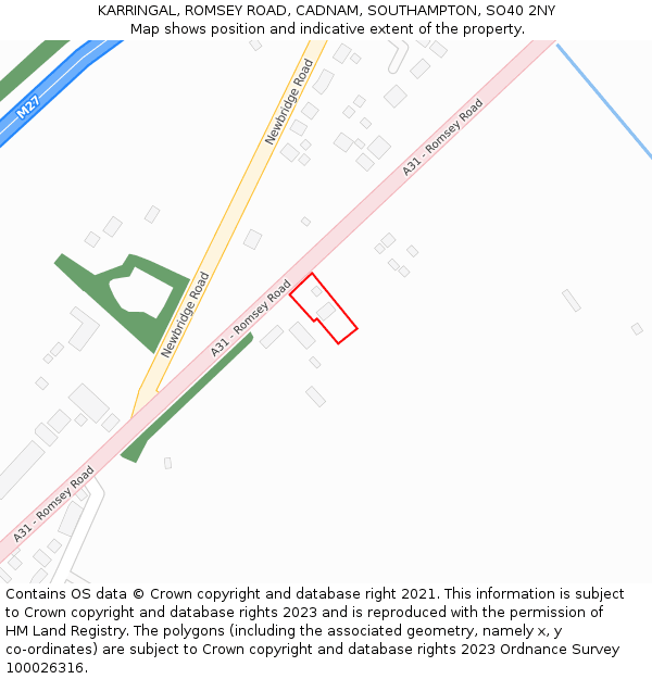 KARRINGAL, ROMSEY ROAD, CADNAM, SOUTHAMPTON, SO40 2NY: Location map and indicative extent of plot