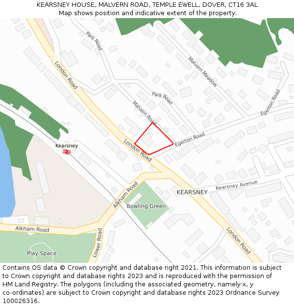 KEARSNEY HOUSE, MALVERN ROAD, TEMPLE EWELL, DOVER, CT16 3AL: Location map and indicative extent of plot