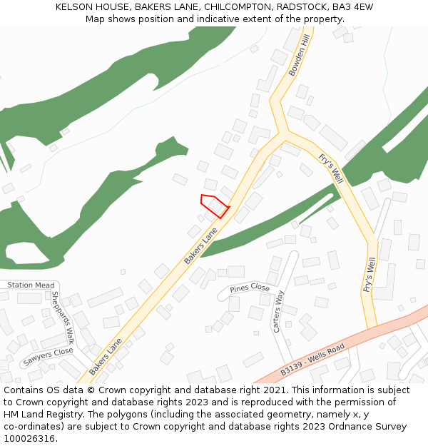 KELSON HOUSE, BAKERS LANE, CHILCOMPTON, RADSTOCK, BA3 4EW: Location map and indicative extent of plot