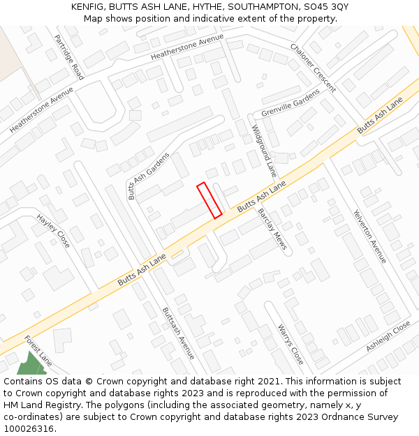 KENFIG, BUTTS ASH LANE, HYTHE, SOUTHAMPTON, SO45 3QY: Location map and indicative extent of plot