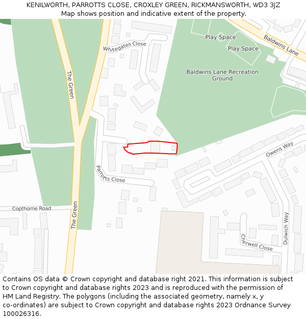 KENILWORTH, PARROTTS CLOSE, CROXLEY GREEN, RICKMANSWORTH, WD3 3JZ: Location map and indicative extent of plot