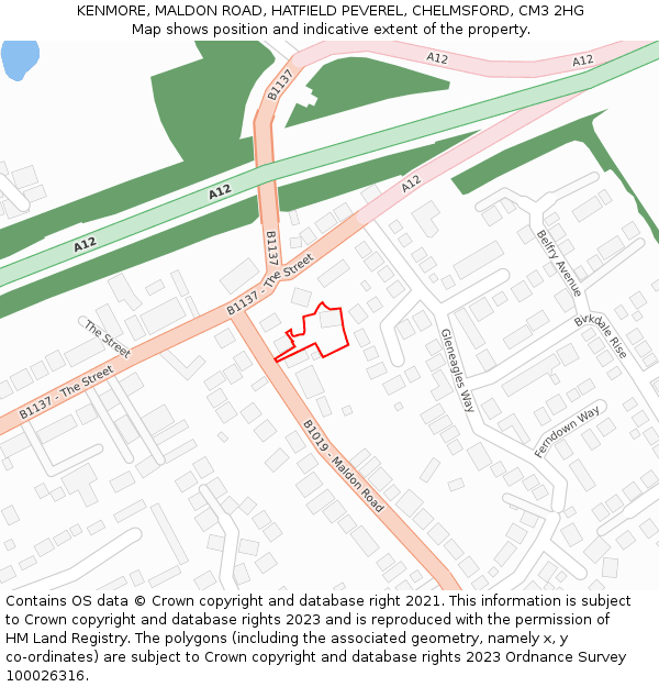 KENMORE, MALDON ROAD, HATFIELD PEVEREL, CHELMSFORD, CM3 2HG: Location map and indicative extent of plot