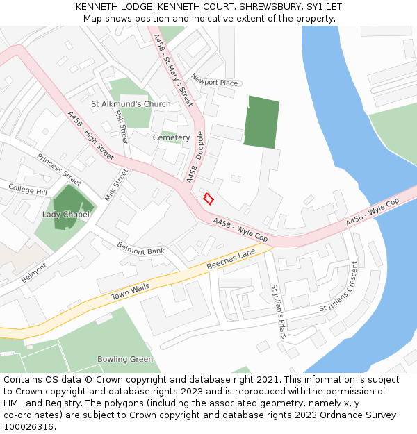 KENNETH LODGE, KENNETH COURT, SHREWSBURY, SY1 1ET: Location map and indicative extent of plot