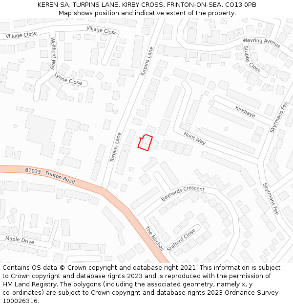 KEREN SA, TURPINS LANE, KIRBY CROSS, FRINTON-ON-SEA, CO13 0PB: Location map and indicative extent of plot