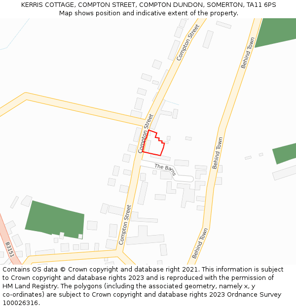 KERRIS COTTAGE, COMPTON STREET, COMPTON DUNDON, SOMERTON, TA11 6PS: Location map and indicative extent of plot