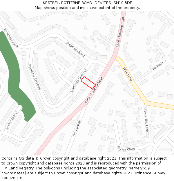 KESTREL, POTTERNE ROAD, DEVIZES, SN10 5DF: Location map and indicative extent of plot