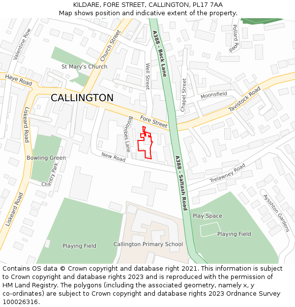 KILDARE, FORE STREET, CALLINGTON, PL17 7AA: Location map and indicative extent of plot