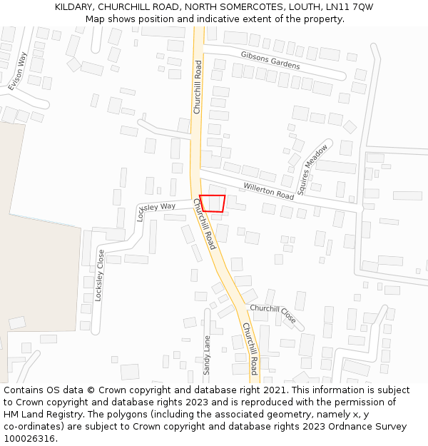 KILDARY, CHURCHILL ROAD, NORTH SOMERCOTES, LOUTH, LN11 7QW: Location map and indicative extent of plot