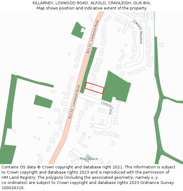 KILLARNEY, LOXWOOD ROAD, ALFOLD, CRANLEIGH, GU6 8HL: Location map and indicative extent of plot