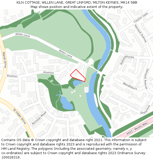 KILN COTTAGE, WILLEN LANE, GREAT LINFORD, MILTON KEYNES, MK14 5BB: Location map and indicative extent of plot