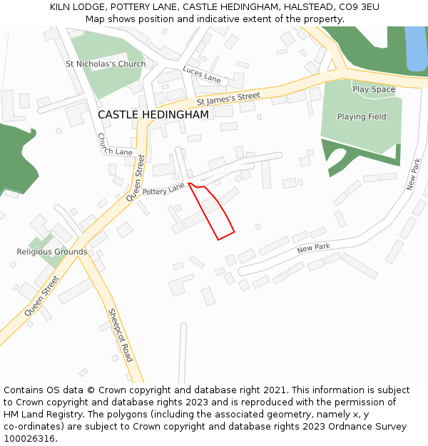 KILN LODGE, POTTERY LANE, CASTLE HEDINGHAM, HALSTEAD, CO9 3EU: Location map and indicative extent of plot