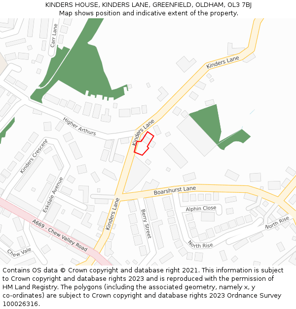 KINDERS HOUSE, KINDERS LANE, GREENFIELD, OLDHAM, OL3 7BJ: Location map and indicative extent of plot