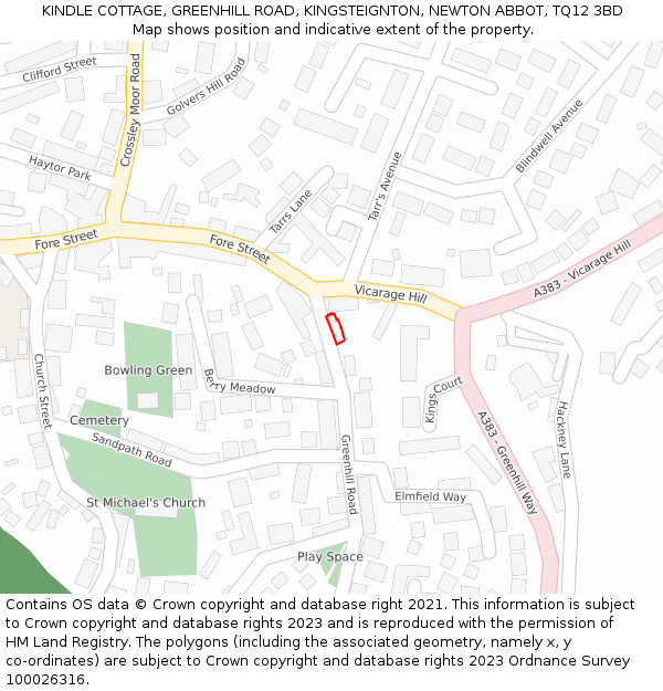 KINDLE COTTAGE, GREENHILL ROAD, KINGSTEIGNTON, NEWTON ABBOT, TQ12 3BD: Location map and indicative extent of plot
