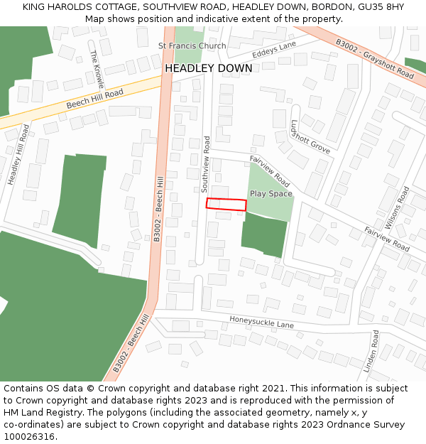 KING HAROLDS COTTAGE, SOUTHVIEW ROAD, HEADLEY DOWN, BORDON, GU35 8HY: Location map and indicative extent of plot