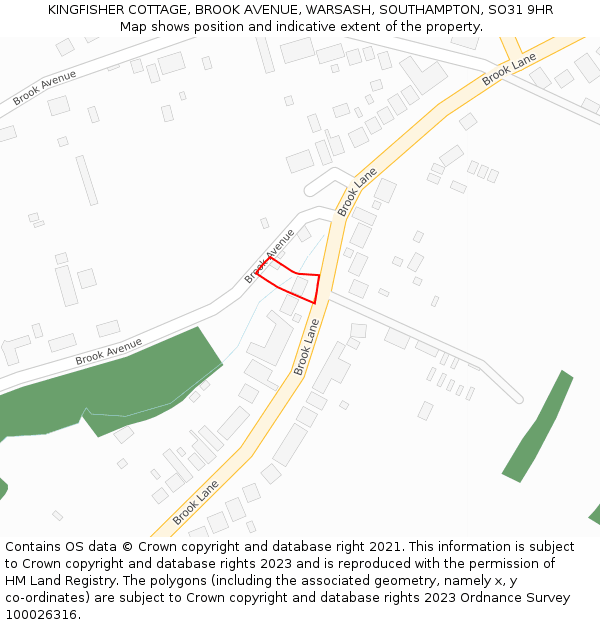 KINGFISHER COTTAGE, BROOK AVENUE, WARSASH, SOUTHAMPTON, SO31 9HR: Location map and indicative extent of plot