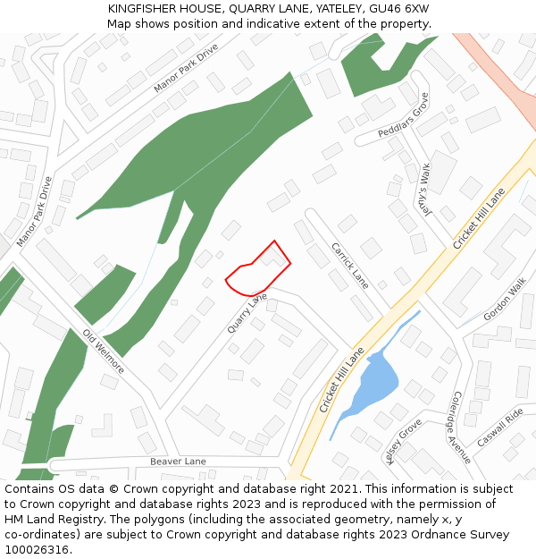 KINGFISHER HOUSE, QUARRY LANE, YATELEY, GU46 6XW: Location map and indicative extent of plot