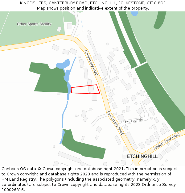 KINGFISHERS, CANTERBURY ROAD, ETCHINGHILL, FOLKESTONE, CT18 8DF: Location map and indicative extent of plot