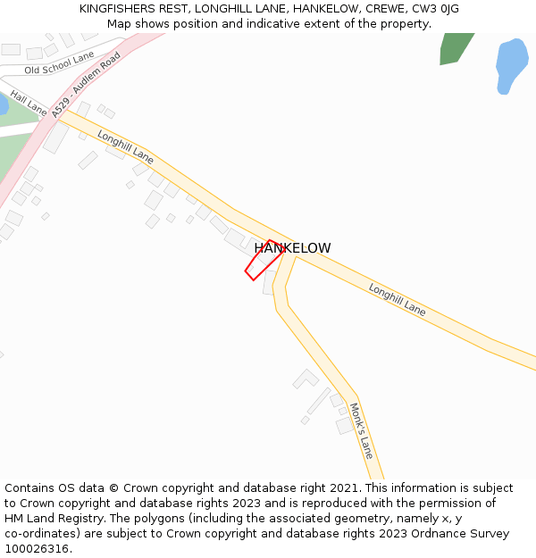 KINGFISHERS REST, LONGHILL LANE, HANKELOW, CREWE, CW3 0JG: Location map and indicative extent of plot