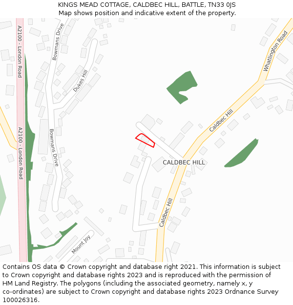 KINGS MEAD COTTAGE, CALDBEC HILL, BATTLE, TN33 0JS: Location map and indicative extent of plot