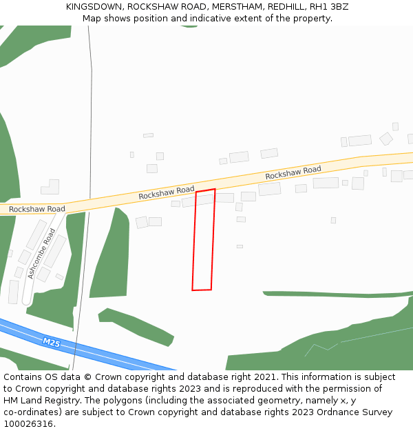 KINGSDOWN, ROCKSHAW ROAD, MERSTHAM, REDHILL, RH1 3BZ: Location map and indicative extent of plot