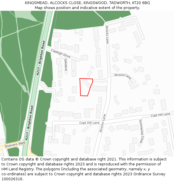 KINGSMEAD, ALCOCKS CLOSE, KINGSWOOD, TADWORTH, KT20 6BG: Location map and indicative extent of plot