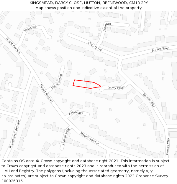 KINGSMEAD, DARCY CLOSE, HUTTON, BRENTWOOD, CM13 2PY: Location map and indicative extent of plot