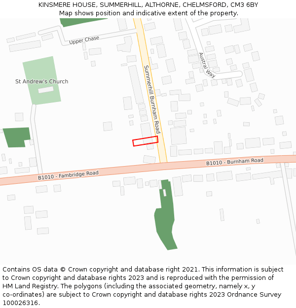 KINSMERE HOUSE, SUMMERHILL, ALTHORNE, CHELMSFORD, CM3 6BY: Location map and indicative extent of plot