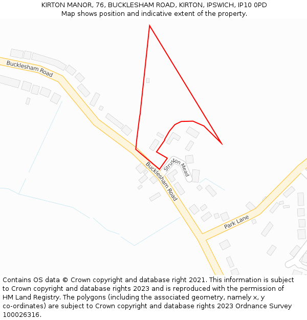 KIRTON MANOR, 76, BUCKLESHAM ROAD, KIRTON, IPSWICH, IP10 0PD: Location map and indicative extent of plot