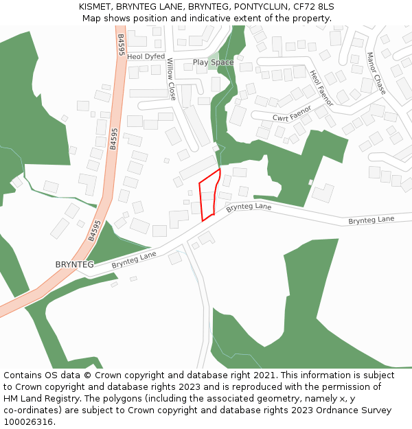 KISMET, BRYNTEG LANE, BRYNTEG, PONTYCLUN, CF72 8LS: Location map and indicative extent of plot