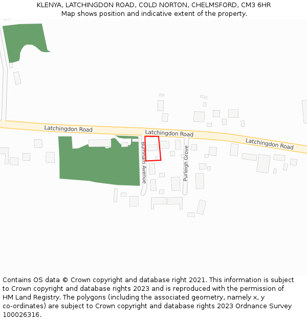 KLENYA, LATCHINGDON ROAD, COLD NORTON, CHELMSFORD, CM3 6HR: Location map and indicative extent of plot