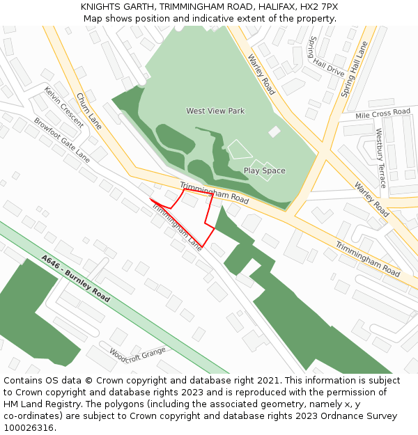 KNIGHTS GARTH, TRIMMINGHAM ROAD, HALIFAX, HX2 7PX: Location map and indicative extent of plot