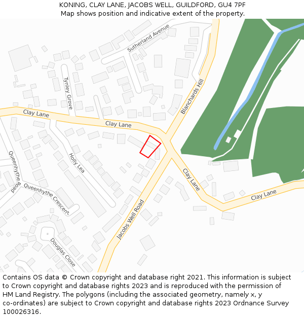 KONING, CLAY LANE, JACOBS WELL, GUILDFORD, GU4 7PF: Location map and indicative extent of plot