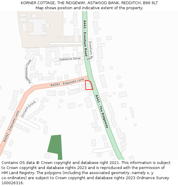 KORNER COTTAGE, THE RIDGEWAY, ASTWOOD BANK, REDDITCH, B96 6LT: Location map and indicative extent of plot