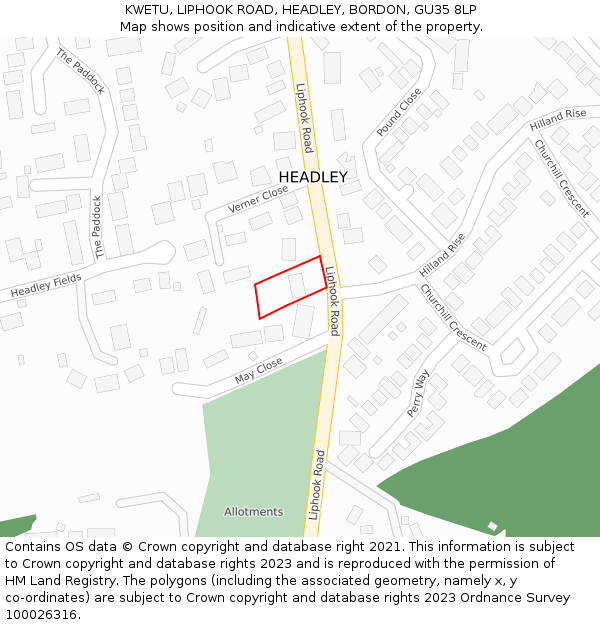 KWETU, LIPHOOK ROAD, HEADLEY, BORDON, GU35 8LP: Location map and indicative extent of plot