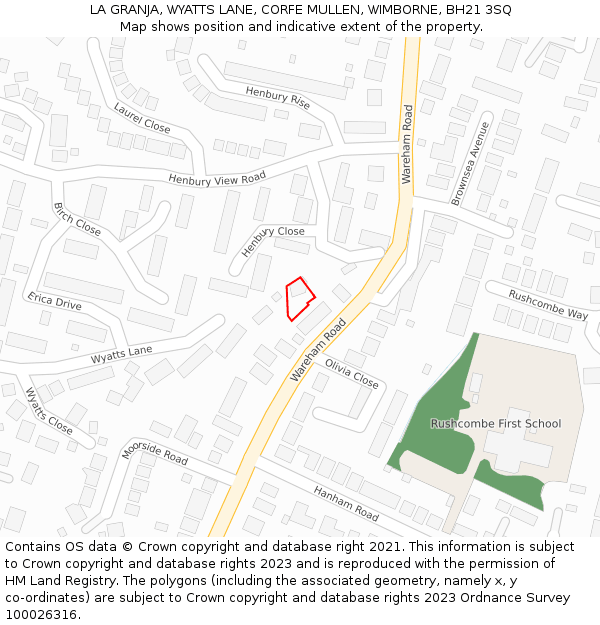 LA GRANJA, WYATTS LANE, CORFE MULLEN, WIMBORNE, BH21 3SQ: Location map and indicative extent of plot