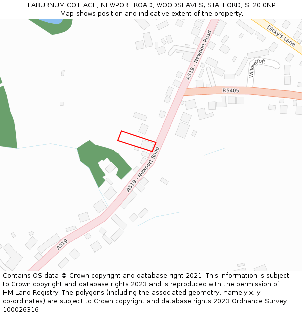 LABURNUM COTTAGE, NEWPORT ROAD, WOODSEAVES, STAFFORD, ST20 0NP: Location map and indicative extent of plot