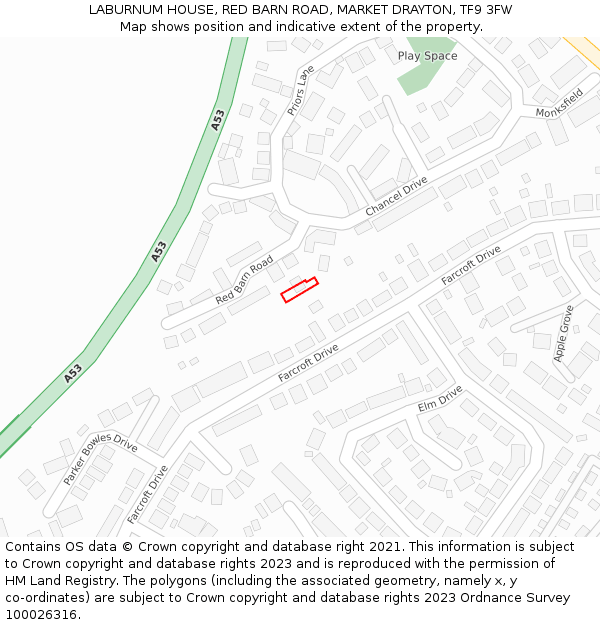 LABURNUM HOUSE, RED BARN ROAD, MARKET DRAYTON, TF9 3FW: Location map and indicative extent of plot