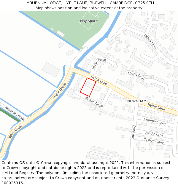 LABURNUM LODGE, HYTHE LANE, BURWELL, CAMBRIDGE, CB25 0EH: Location map and indicative extent of plot